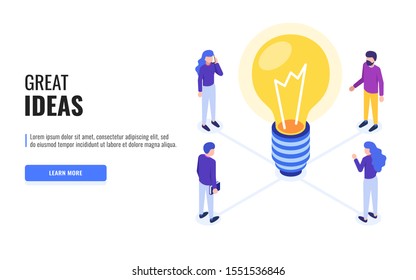 Great ideas concept. People stand around a light bulb and come up with ideas. Web banner, infographics. Isometric vector illustration.