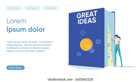 Great Ideas Flat Landing Page Vector Template. Study, Self Development, Knowledge Acquisition Metaphor. Woman Opening Book with Lightbulbs Faceless Character. Borrowing Ideas Homepage Layout