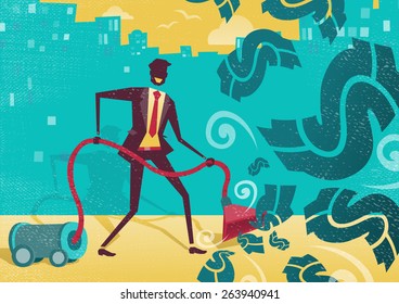 Great illustration of a businessman with the amazing idea to use a vacuum cleaner to suck up all the money and dollar bills floating in the air.