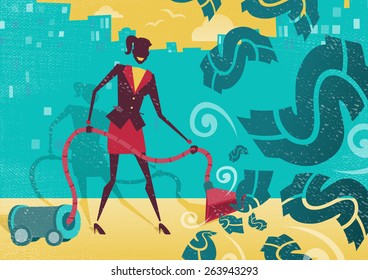 Great illustration of a businesswoman with the amazing idea to use a vacuum cleaner to suck up all the money and dollar bills floating in the air.