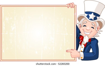 Great illustration of a cartoon Uncle Sam holding sign. Perfect for a Fourth of July illustration.