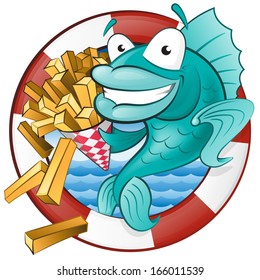 Great illustration of a Cute Cartoon Cod Fish eating a tasty Traditional British portion of chips.