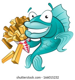 Great illustration of a Cute Cartoon Fish with a Portion of Chips.