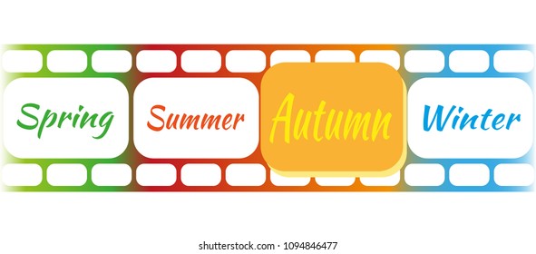 Great illustration of film for photos with text - Spring, Summer, Autumn, Winter. Film strips with frames in multi colors. Template frame for calendars, poster design, advertising.