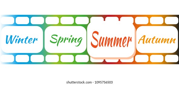 Great illustration of film for photos with text - Winter, Spring, Summer, Autumn. Film strips with frames in multi colors. Template frame for calendars, poster design, advertising.