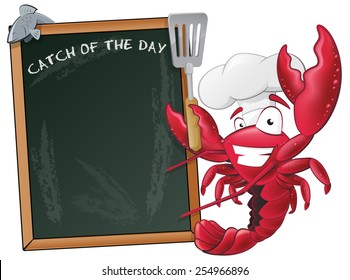 Great illustration of a happy lobster chef waving his Spatula next to a chalkboard.