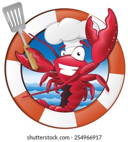 Great illustration of a happy lobster Chef holding a Spatula in Nautical Themed Frame ready to cook some delicious seafood.