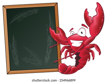 Great illustration of a happy lobster waving his pincers in the air next to a chalkboard.