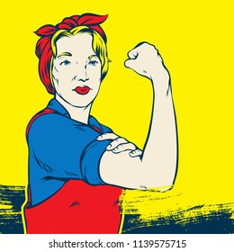 Great illustration of a Retro Stong Powerful Woman inspired by the Famous World War Two propaganda Poster of Rosie the Riveter calling for women to play their part in the war effort