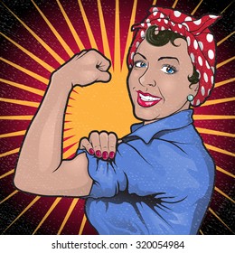 Great illustration of a Retro Stong Powerful Woman inspired by the Famous World War Two propaganda Poster of Rosie the Riveter calling for women to play their part in the war effort