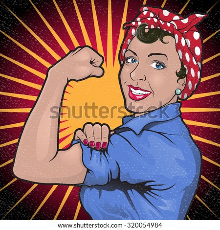 Great illustration of a Retro Stong Powerful Woman inspired by the Famous World War Two propaganda Poster of Rosie the Riveter calling for women to play their part in the war effort

