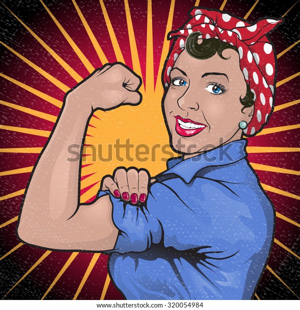 Great\
illustration of a Retro Stong Powerful Woman inspired by the Famous\
World War Two propaganda Poster of Rosie the Riveter calling for\
women to play their part in the war\
effort\
