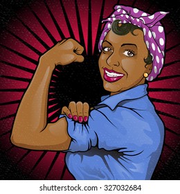 Great illustration of a Retro Strong Powerful Asian Woman inspired by the Famous World War Two propaganda Poster calling for women to play their part in the war effort.