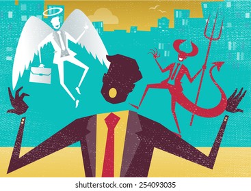 Great illustration of Retro styled Abstract Businessman caught up in a battle of wills with both a devil and an angel helping him to decide.