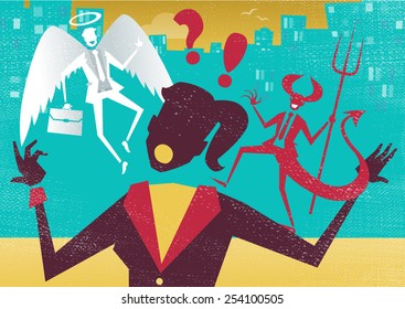 Great illustration of Retro styled Abstract Businesswoman caught up in a battle of wills with both a devil and an angel helping her to decide.