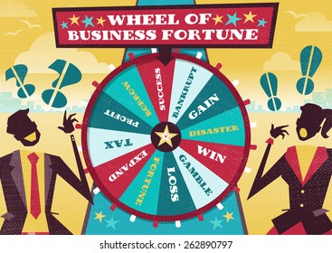 Great illustration of Retro styled Business rivals gambling their financial futures on the big spinning Wheel of Business Fortune hoping to win first place in the business world.