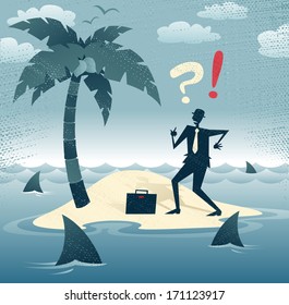 Great illustration of Retro styled Businessman who has found himself stranded on a remote desert island with no chance of escape as he is circled by a group of hungry man eating sharks!.