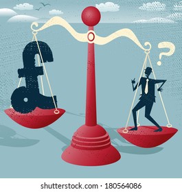 Great illustration of Retro styled Businessman and Pound Sign balancing on a huge set of metaphorical scales.