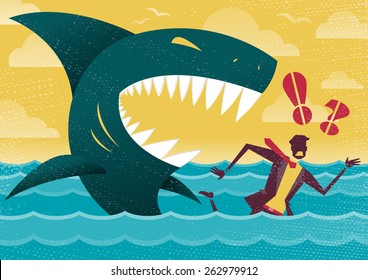 Great illustration of Retro styled Businessman Abandoned and helpless at sea in Shark infested waters and about to be eaten alive by a giant Killer Great White Shark.