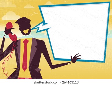 Great illustration of Retro styled Businessman with a large blank speech bubble with space to place text for discussion about financial business plans on a telephone. Great way to get a message over.