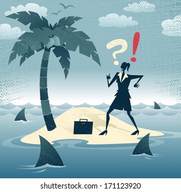 Great Illustration Of Retro Styled Businesswoman Who Has Found Herself Stranded On A Remote Desert Island With No Chance Of Escape As She Is Circled By A Group Of Hungry Woman Eating Sharks!. 