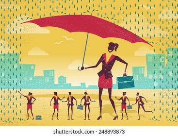 Great illustration of Retro Styled Businesswoman who is helping her team to stay dry under her huge umbrella.  