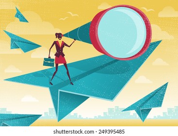 Great illustration of Retro Styled Businesswoman who is scanning the business landscape with her powerful telescope.  