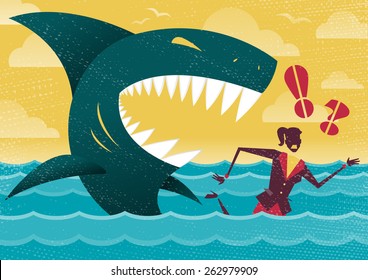 Great illustration of Retro styled Businesswoman Abandoned and helpless at sea in Shark infested waters and about to be eaten alive by a giant Killer Great White Shark.