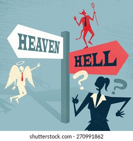 Great illustration of Retro styled Businesswoman at a Heaven and Hell Signpost with both and Angel and a Devil to help make a difficult moral dilemma.