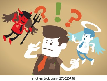 Great illustration of Retro styled Corporate Guy caught up in a Catch-22 battle of wills with both a devil and an angel helping him to decide.