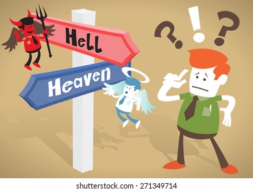 Great illustration of Retro styled Corporate Guy caught up in a Catch-22 battle of wills with both a devil and an angel helping him to decide at Heaven and Hell Signpost.