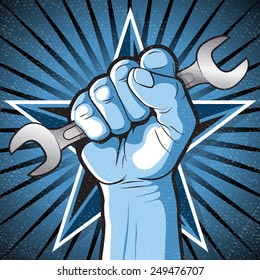 Great Illustration Of Russian Propaganda Style Punching Fist Holding A Spanner Symbolising Workers Rights. 