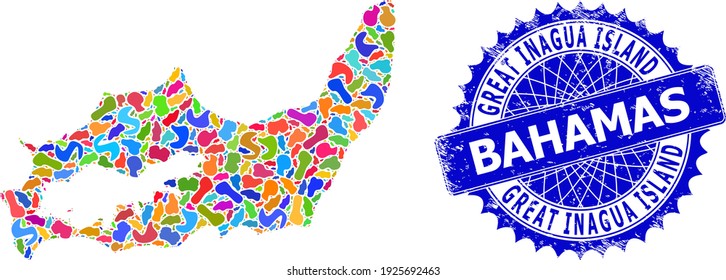 Great Inagua Island map vector image. Blot mosaic map and rubber stamp for Great Inagua Island. Sharp rosette blue stamp seal with caption for Great Inagua Island map.