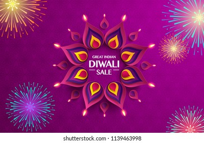 Great indian Diwali festival big sale. Background with paper graphic of indian Rangoli and fireworks.