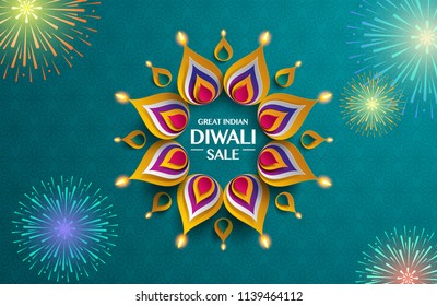 Great indian Diwali festival big sale. Background with paper graphic of indian Rangoli and fireworks.