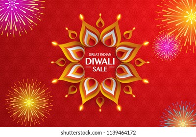 Great indian Diwali festival big sale. Background with paper graphic of indian Rangoli and fireworks.