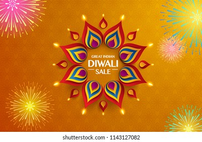 Great Indian Diwali festival big sale. Background with the paper graphic of Indian Rangoli and fireworks.