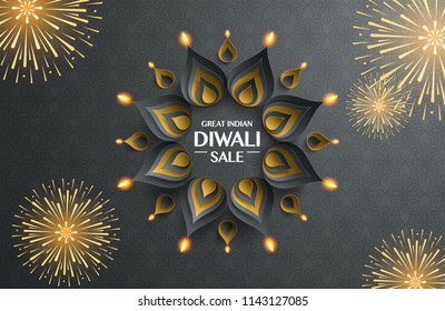 Great Indian Diwali festival big sale. Background with the paper graphic of Indian Rangoli and fireworks.