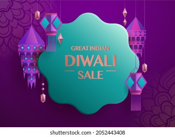 Gran venta india de Diwali. Etiqueta de regalo en forma de flor con un grupo de linternas indias gráficas de papel. El Festival de las Luces.