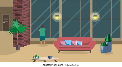Great interior design of a spacious room or living room with large windows, furniture and houseplants. Vector illustration