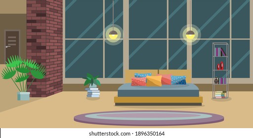 Great interior design of a spacious room or living room with large windows, furniture and houseplants. Vector illustration