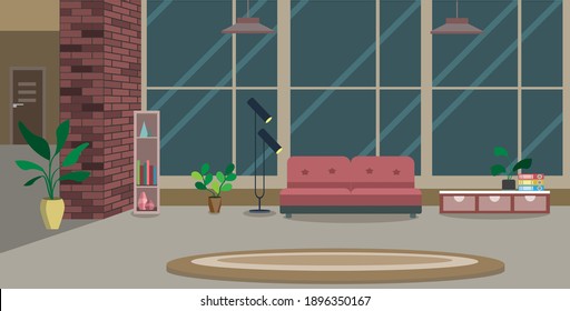 Gran diseño interior de una amplia habitación o sala de estar con grandes ventanas, muebles y plantas. Ilustración del vector
