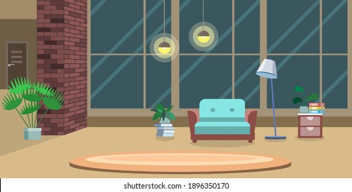 Great interior design of a spacious room or living room with large windows, furniture and houseplants. Vector illustration