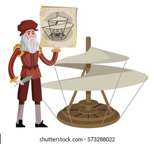 great italian renaissance artist with paper sketch draft of a flying machine helicopter