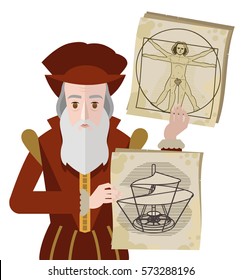 great italian renaissance artist with paper sketch draft of a flying machine helicopter and human body vitruvian canon