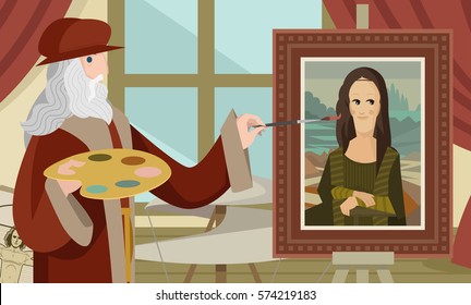 gran genio del renacimiento italiano pintando con pincel un retrato de mujer en su taller