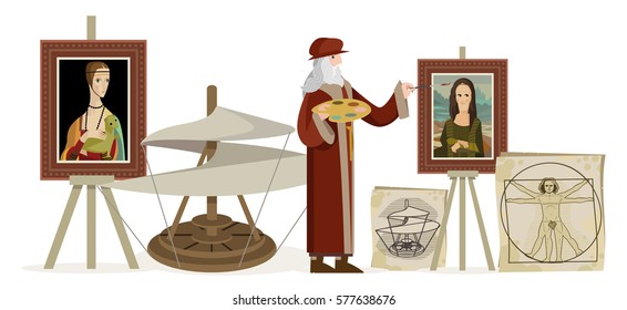 Great Italian Renaissance Genius Painting With Paintbrush A Woman Portrait On His Atelier Flying Machine Helicopter And Human Body Sketch