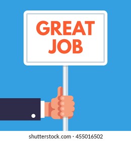 Great job concept. White plate with text. Businessman hand holding a sign. Vector flat illustration on blue background