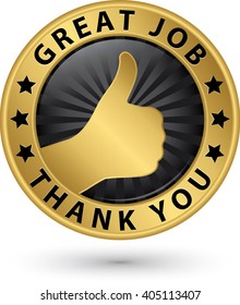 Great job golden thank you label with thumb up, vector illustration