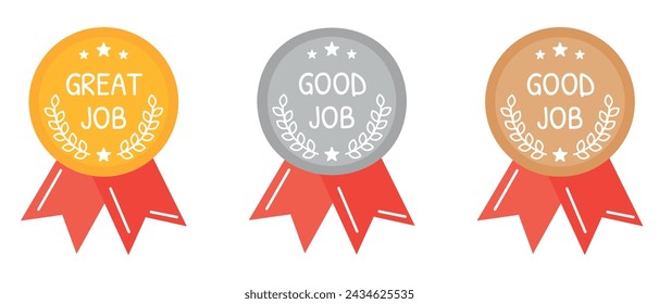 Great job, good job medals, awards, budges. Champions awards, prize, gold, silver, bronze medal for competitions. Medal label. Reward, praise, encouragement for business, management office, school.